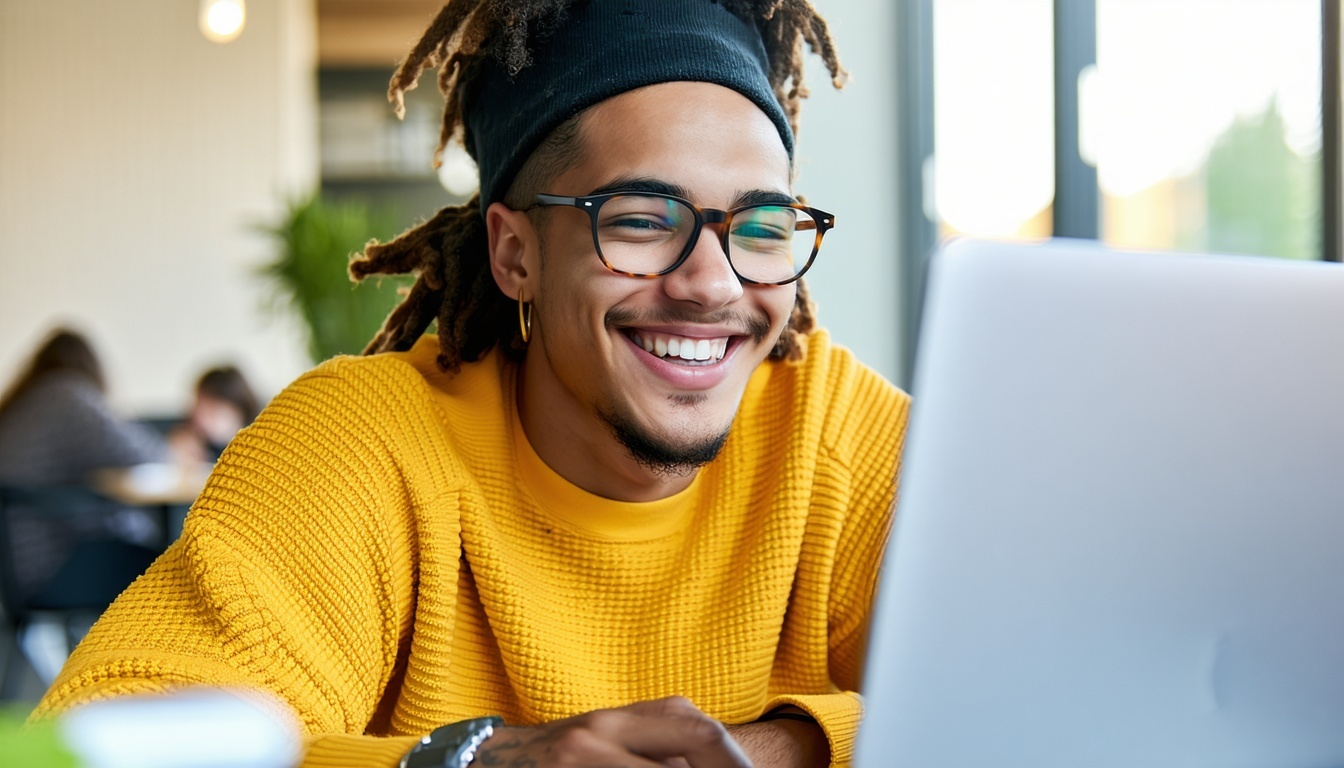 A student smiling while working on a laptop, symbo